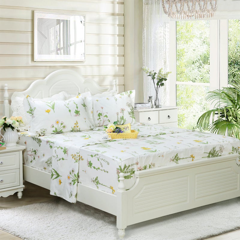 FADFAY Shabby Green Floral Sheet Set 100% Cotton Bed Sheet Set Green White Natural Hypoallergenic Bedding Set,4pcs-Queen - Image 2